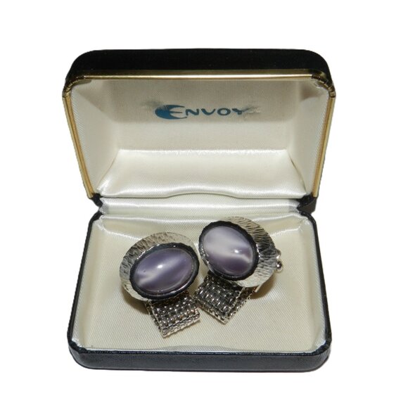 Vintage Envoy Blue Stone Cufflinks With Box Mens Jewelry Accessory - Picture 2 of 10